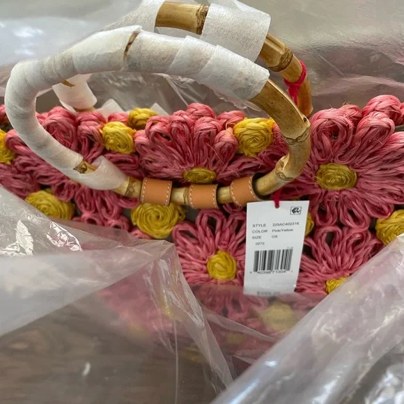 NWT Frances Valentine Flora Tote with Bamboo Handle and Pink & Yellow Flowers